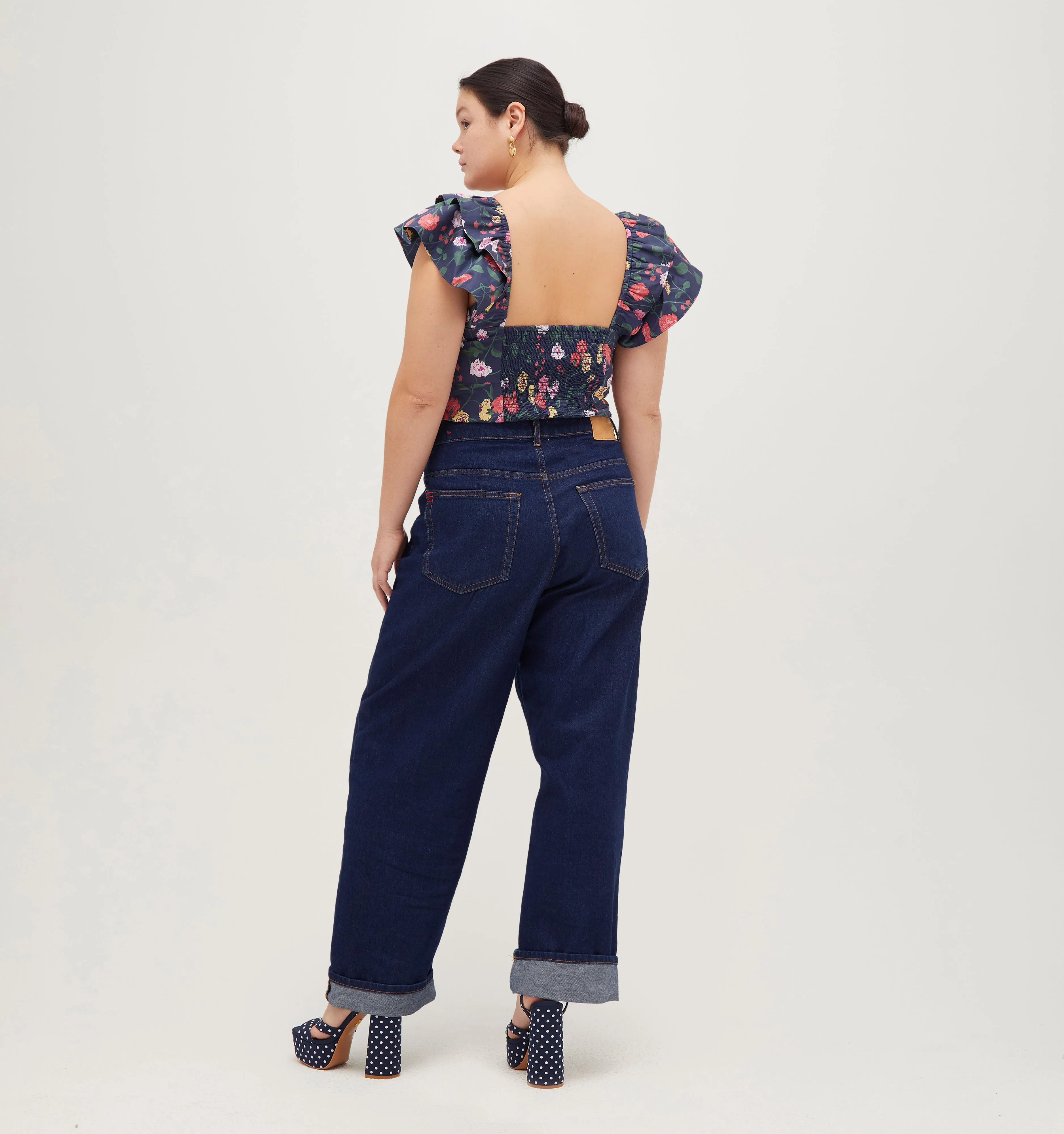 The Zuri Top - Navy Peony Bouquet Cotton Sateen