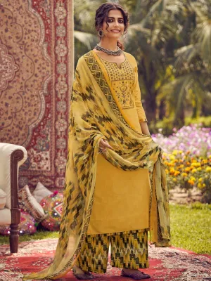 Unstitched Cotton Embroidered Yellow Salwar Kameez Suit Set