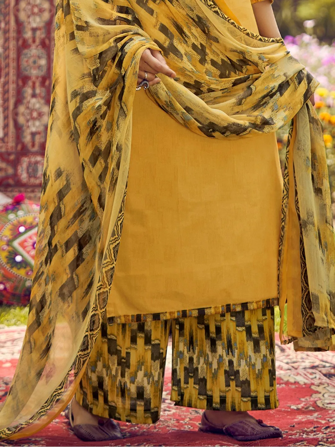 Unstitched Cotton Embroidered Yellow Salwar Kameez Suit Set