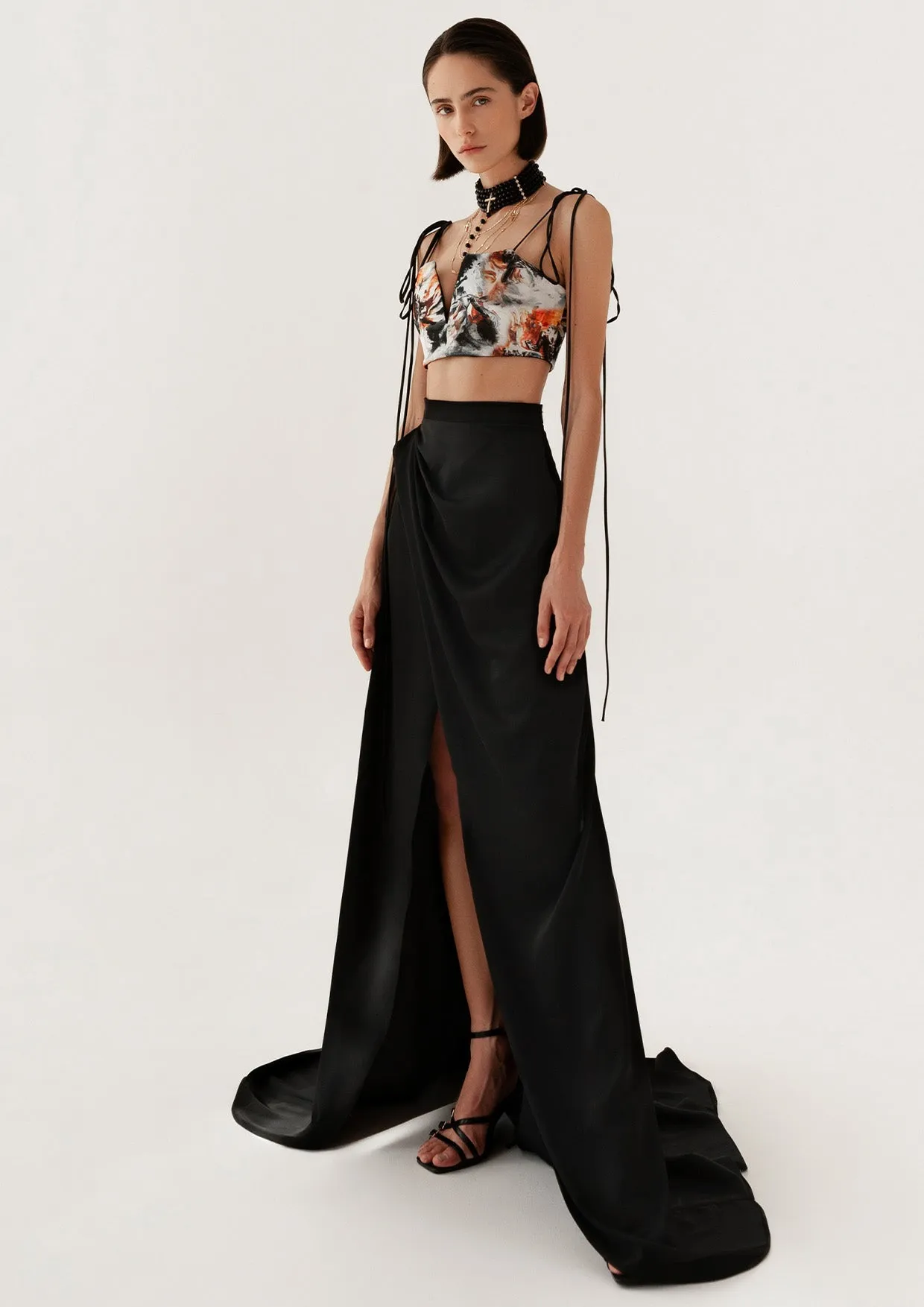 Venus Full-Length Paper Bag Waist Satin Skirt