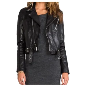 WOMEN SHORT BODY LAMBSKIN BIKER LEATHER JACKET