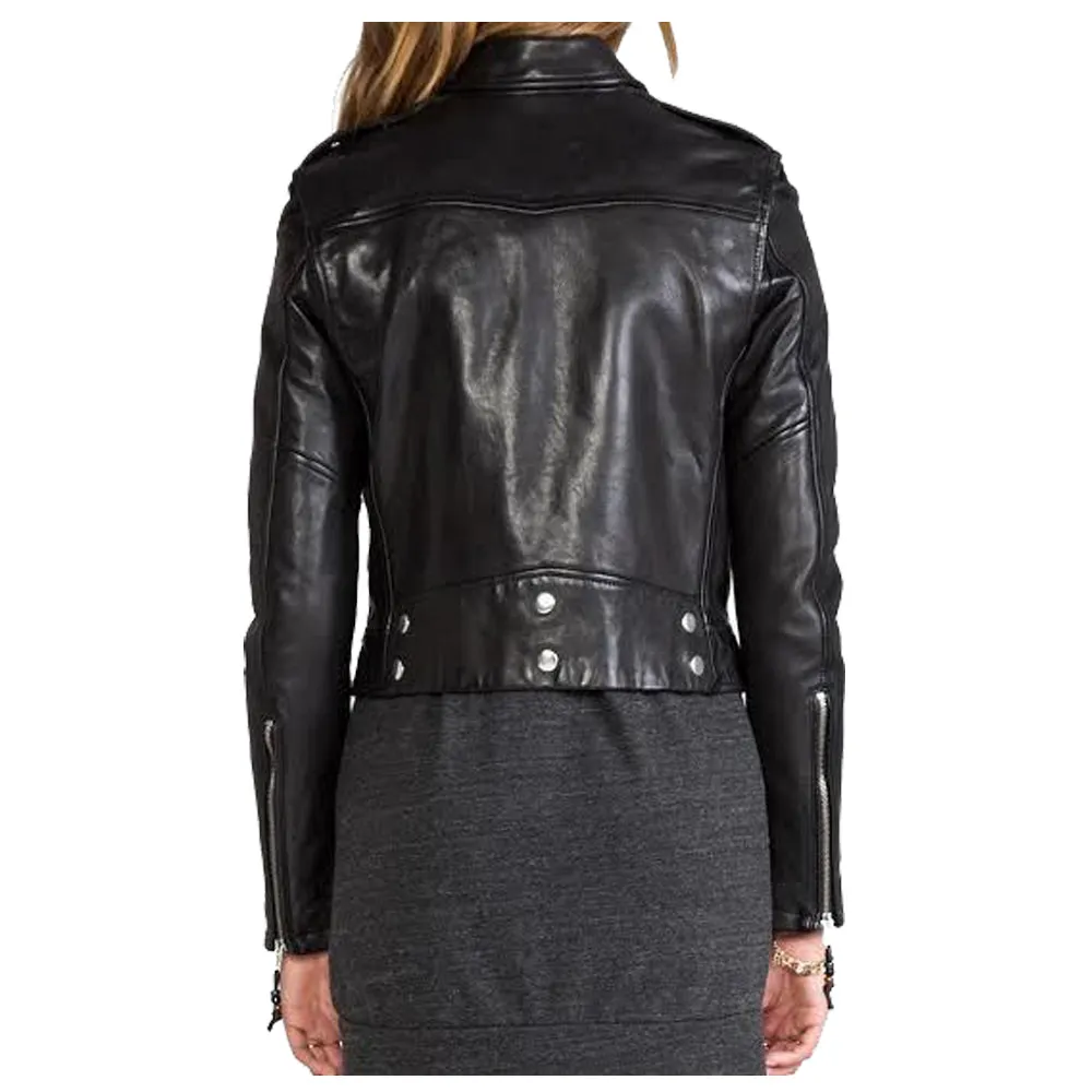 WOMEN SHORT BODY LAMBSKIN BIKER LEATHER JACKET