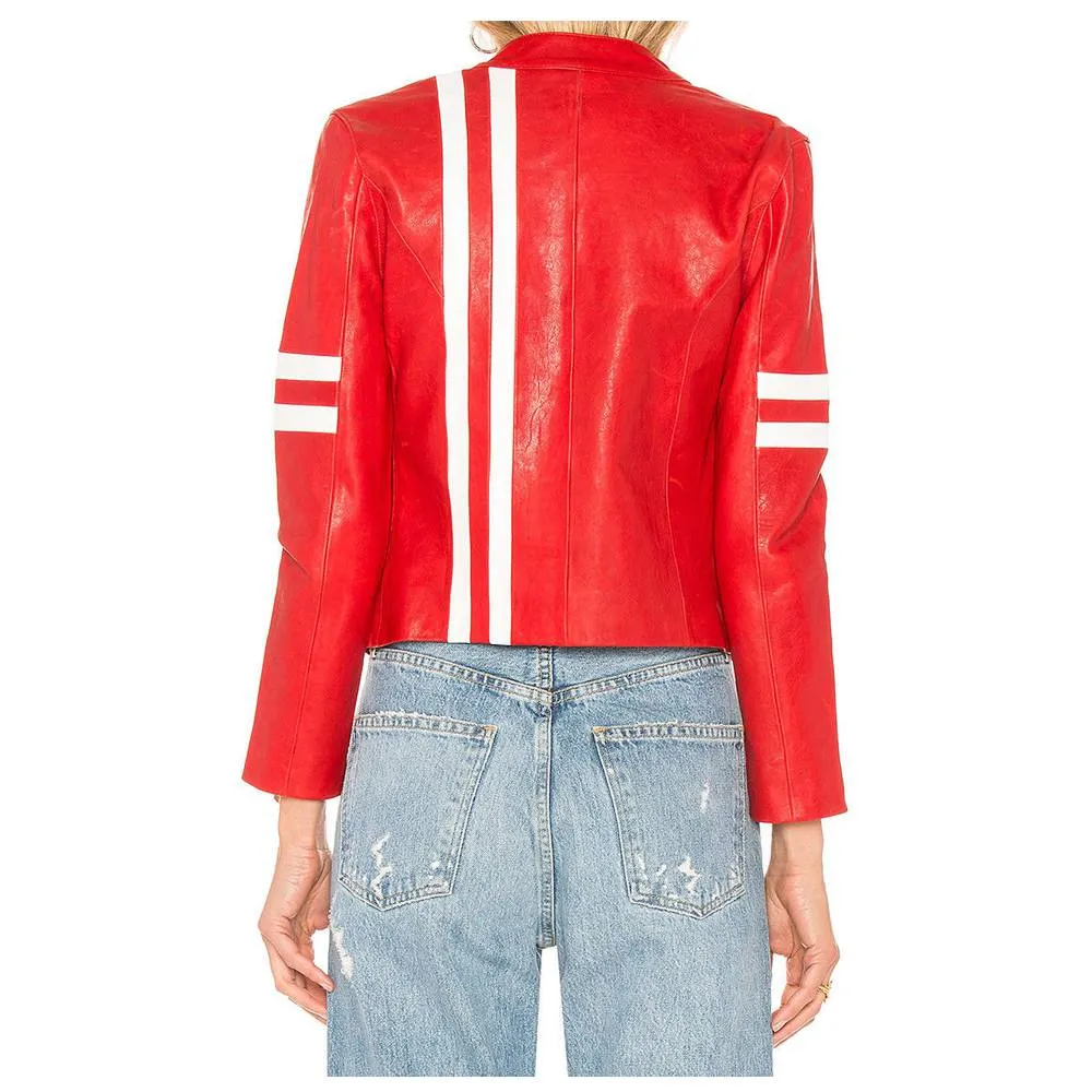 Womens Short Body Red Leather Fashion Jacket