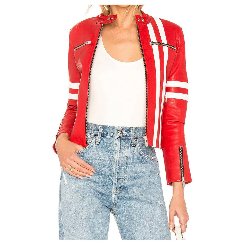 Womens Short Body Red Leather Fashion Jacket