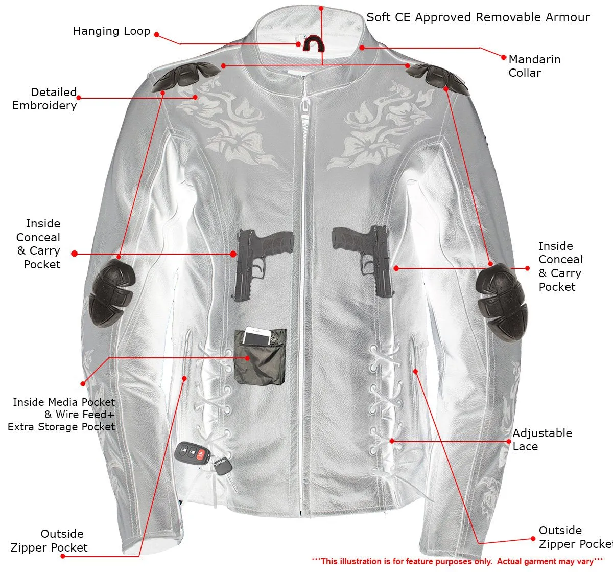 Xelement XS2027 Ladies 'Gemma' Black and Purple Leather Embroidered Jacket with X-Armor Protection