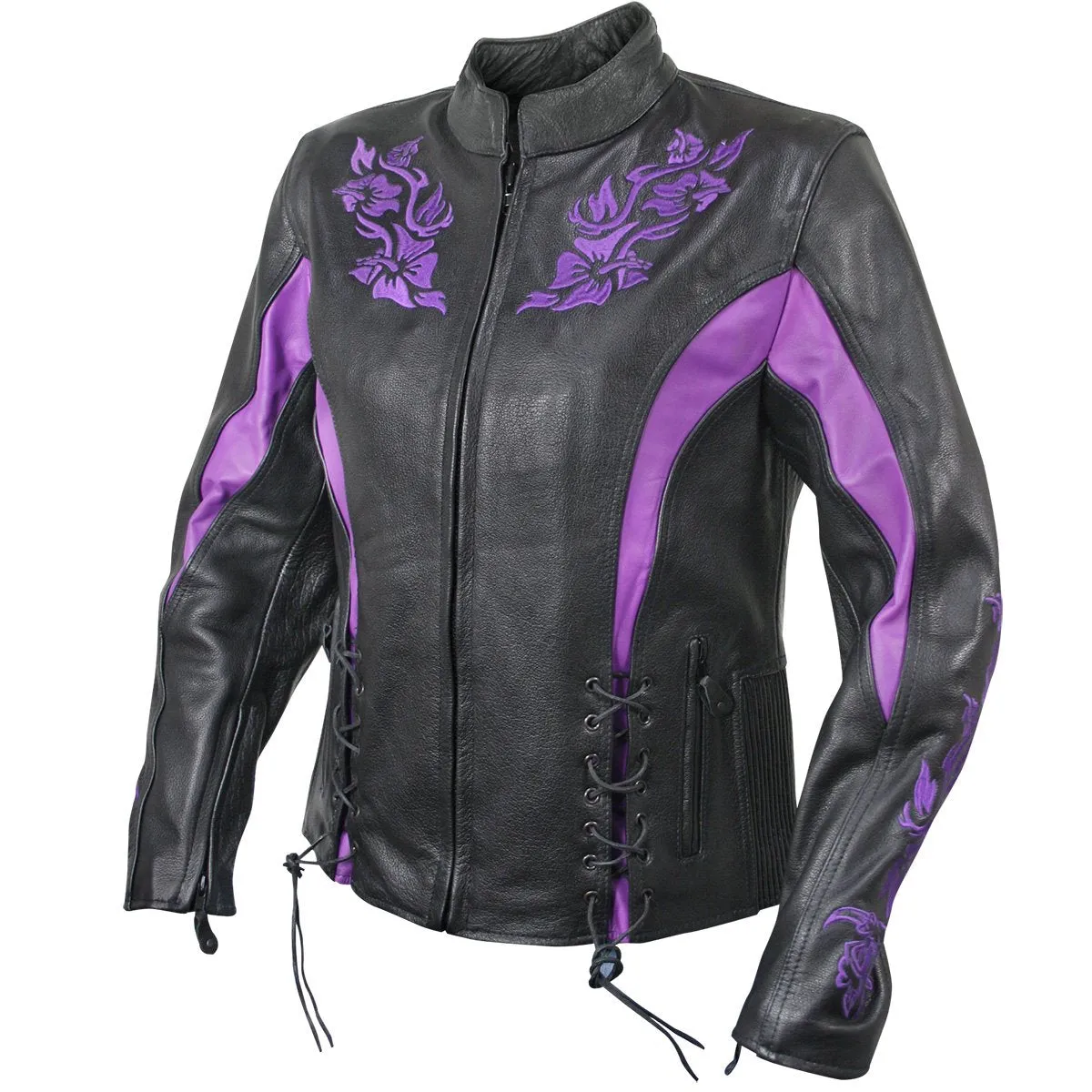 Xelement XS2027 Ladies 'Gemma' Black and Purple Leather Embroidered Jacket with X-Armor Protection