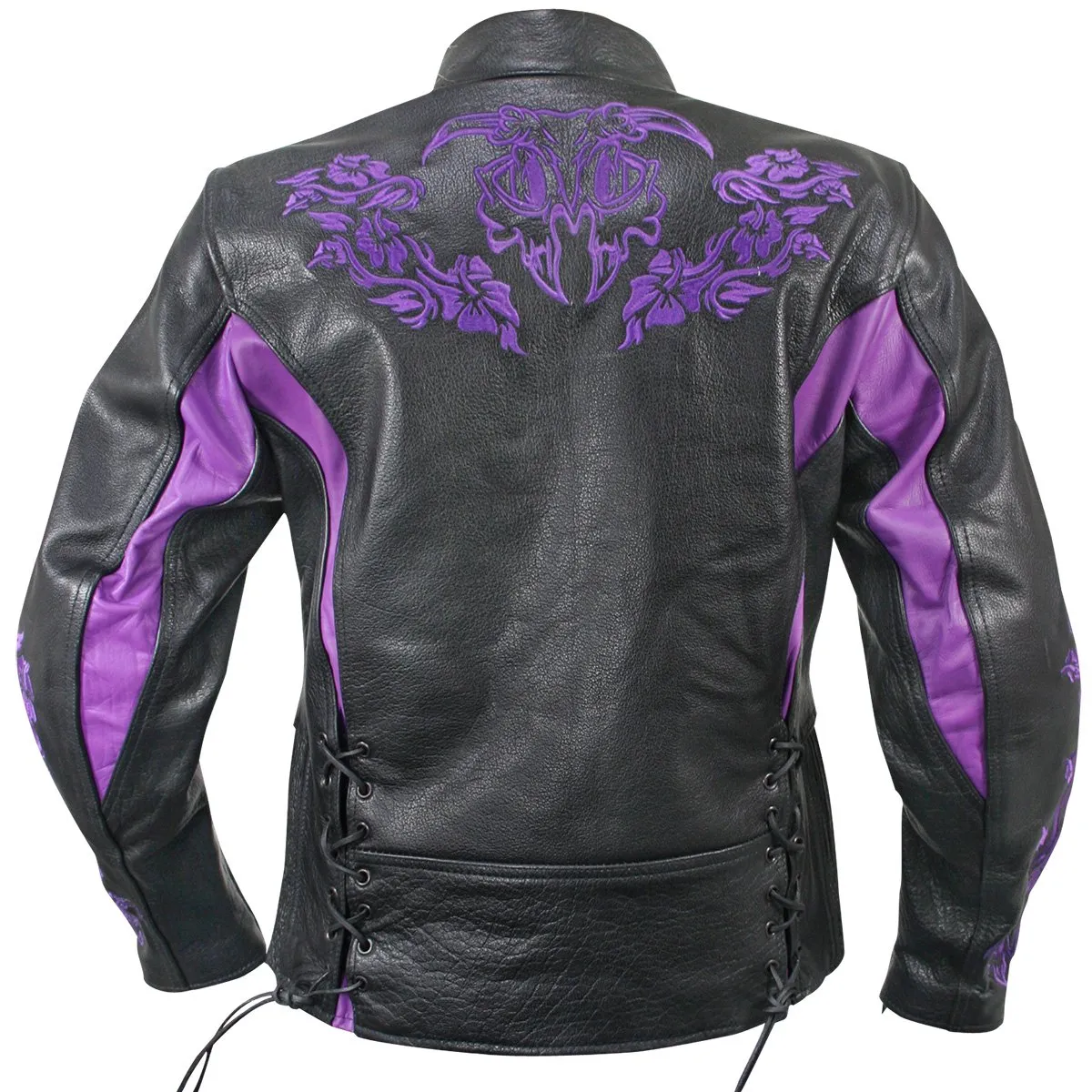 Xelement XS2027 Ladies 'Gemma' Black and Purple Leather Embroidered Jacket with X-Armor Protection