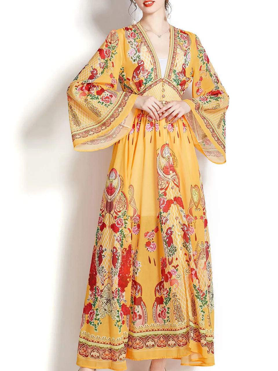 Yellow V Neck Floral Print Trumpet Sleeve Bohemian Dress Maxi Dress