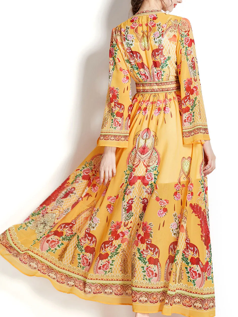 Yellow V Neck Floral Print Trumpet Sleeve Bohemian Dress Maxi Dress