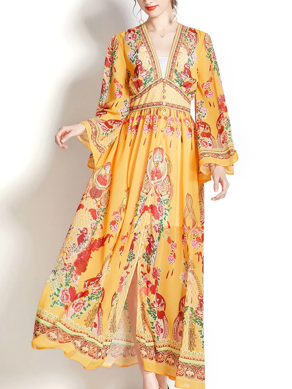 Yellow V Neck Floral Print Trumpet Sleeve Bohemian Dress Maxi Dress