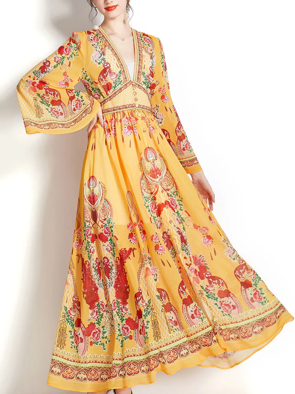 Yellow V Neck Floral Print Trumpet Sleeve Bohemian Dress Maxi Dress