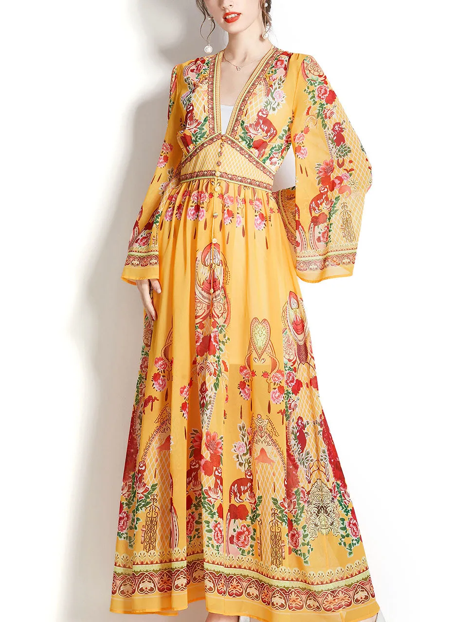 Yellow V Neck Floral Print Trumpet Sleeve Bohemian Dress Maxi Dress