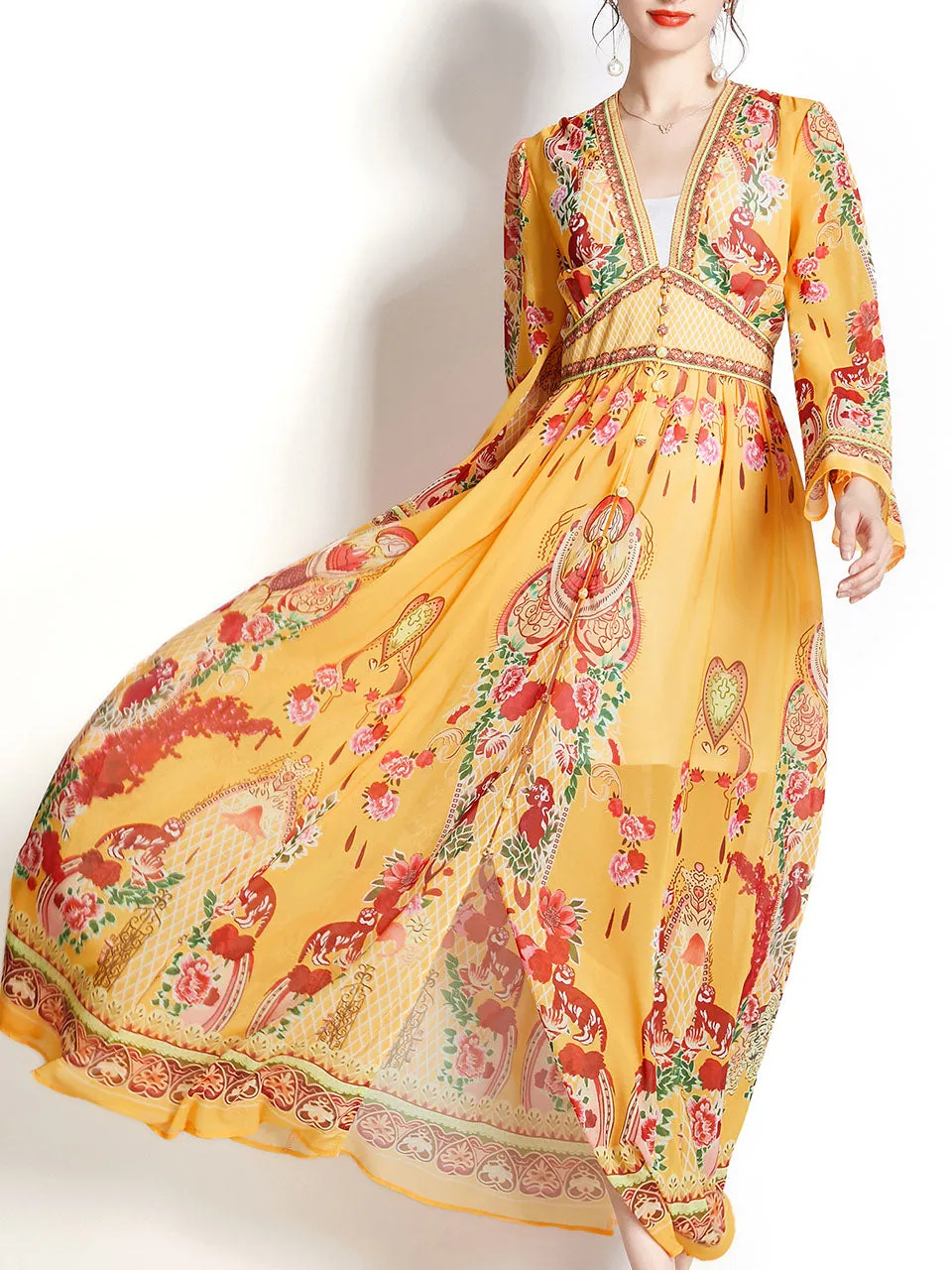 Yellow V Neck Floral Print Trumpet Sleeve Bohemian Dress Maxi Dress