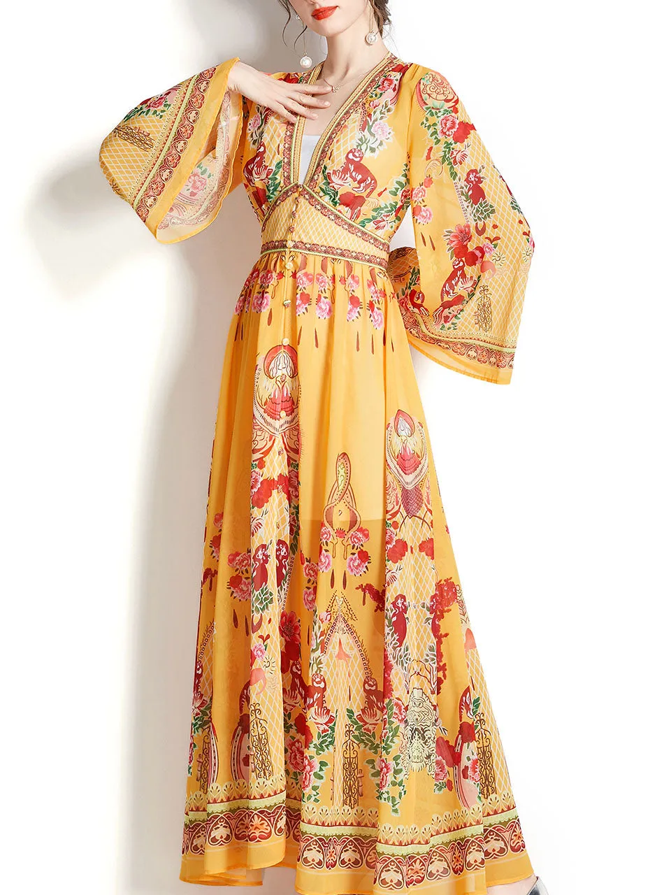 Yellow V Neck Floral Print Trumpet Sleeve Bohemian Dress Maxi Dress