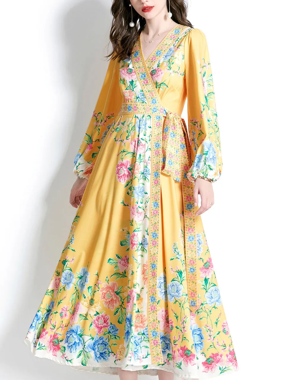 Yellow V Neck Wrap Bohemian Dress Maxi Dress