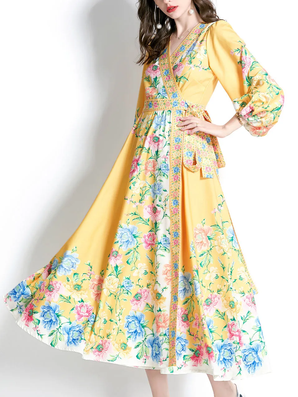 Yellow V Neck Wrap Bohemian Dress Maxi Dress